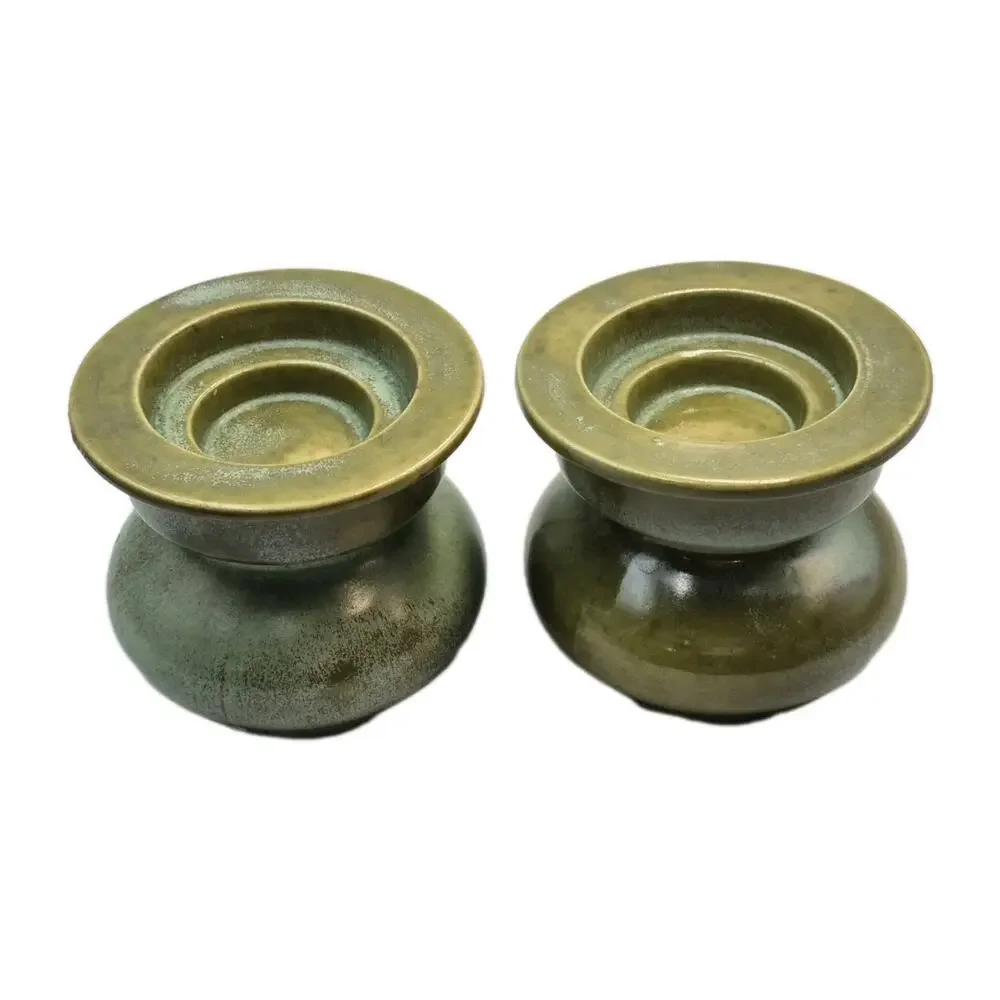 Two Vintage Secla Portugal Green Pottery Pillar Candle Holders 4x4.5